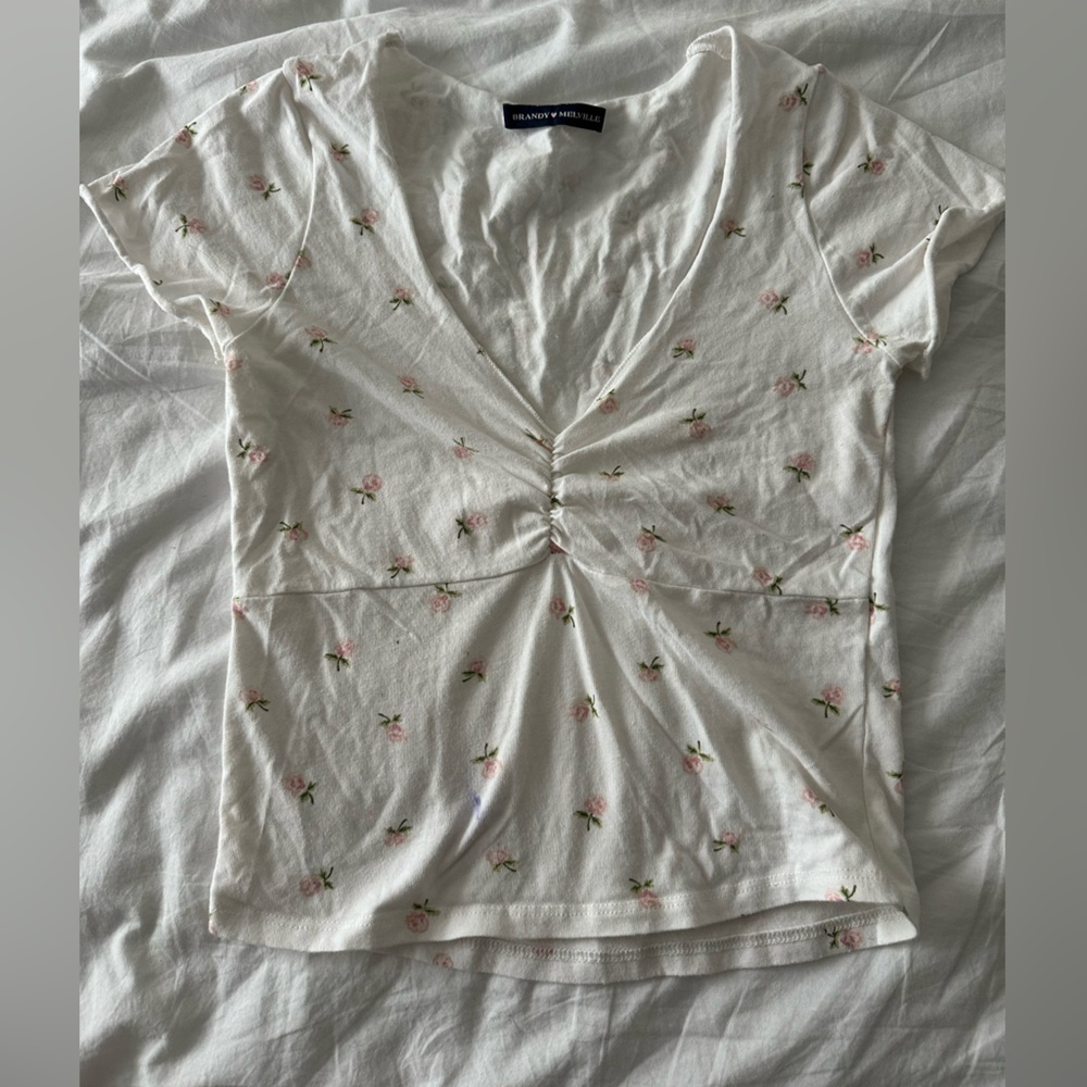 brandy melville white floral v neck cinched gina top